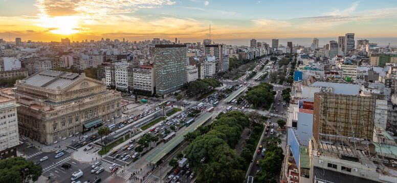 Aerial view of 9 de Julio Avenue at sunset in Buenos Aires